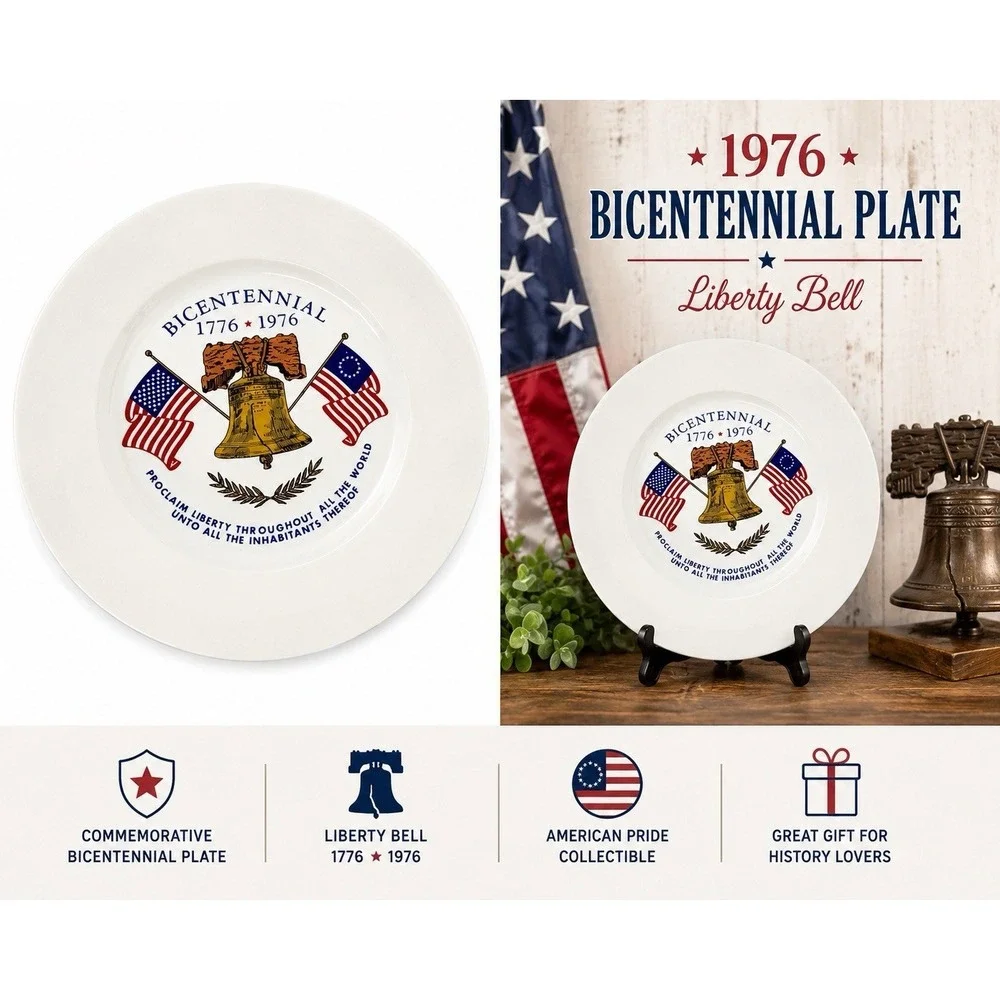 1976 Bicentennial Liberty Bell Patriotic Plate Americana Colonial Flags Vintage